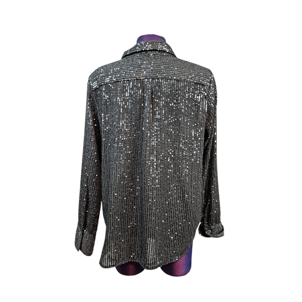 Anthropologie Remie Sequin Mesh Button Down Shirt Black Long Sleeve Top Small - Picture 4 of 8